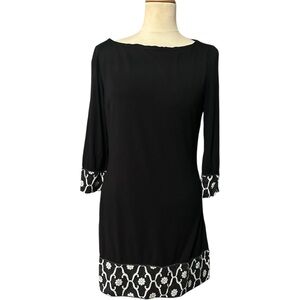 Bebe Shift Dress Longsleeve Floral Trim Black Small